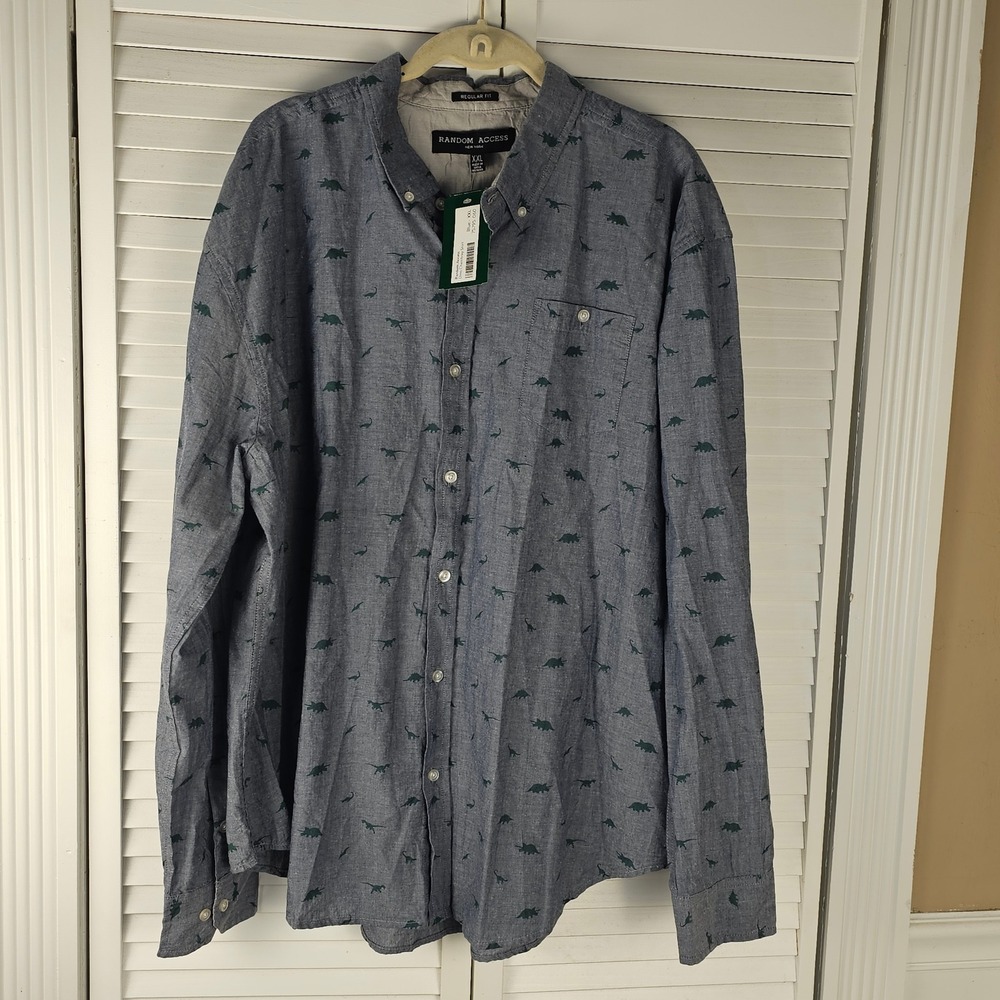 NWT Random Access New York Mens Gray Dinosaur Long Sleeve‎ Button Down Shirt XXL